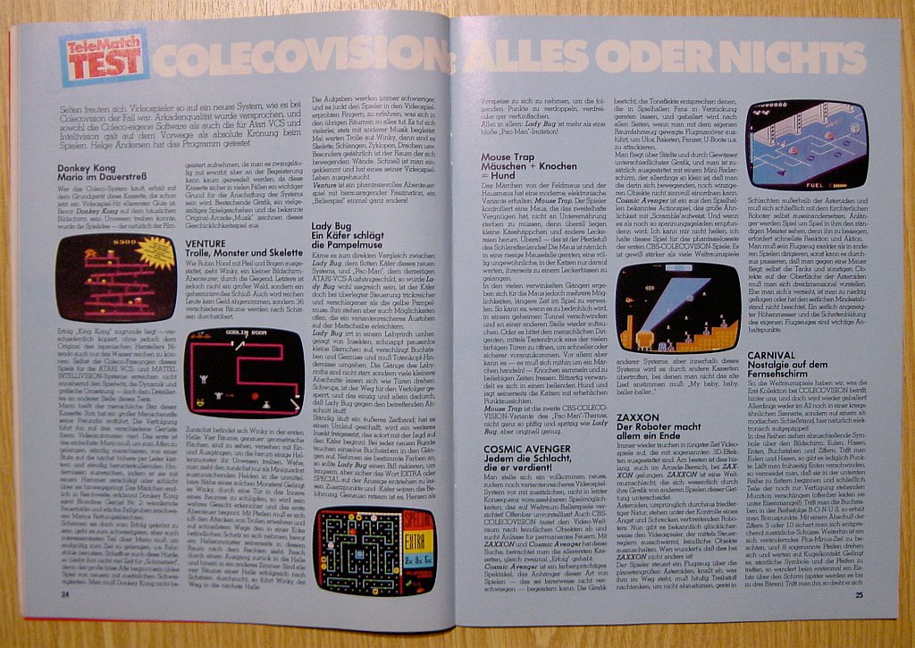 Tests von Helge Andersen zu Venture, Lady Bug und Carnival. Spieletests zu ColecoVision-Hits auf dem Prüfstand in der Telematch. (Bild: M. Cavendish)