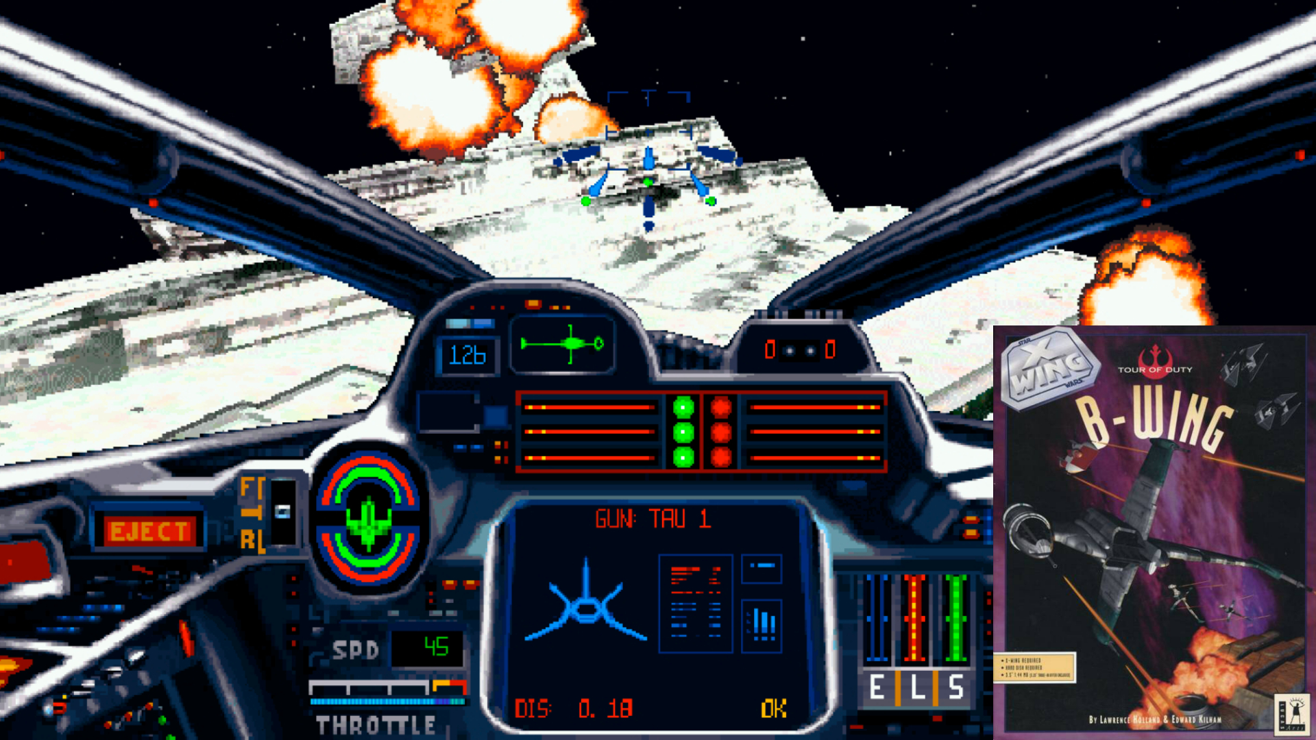 X-Wing, der große Konkurrent der Wing Commander-Reihe aus dem Hause LucasArts, setzte auf CPU- und Speicher-freundliche, ausgefüllte Polygon-Grafik. Vom 286er bis 486er konnte jeder PC User das spannende Weltraumepos spielen. Die Mission Disk B-Wing spendiert den Rebellen-Piloten den titelgebenden, schwer gepanzerten Bomber. Harte Zeiten für Sternenzerstörer. Und Studienabschlüsse. (Bild: EA)