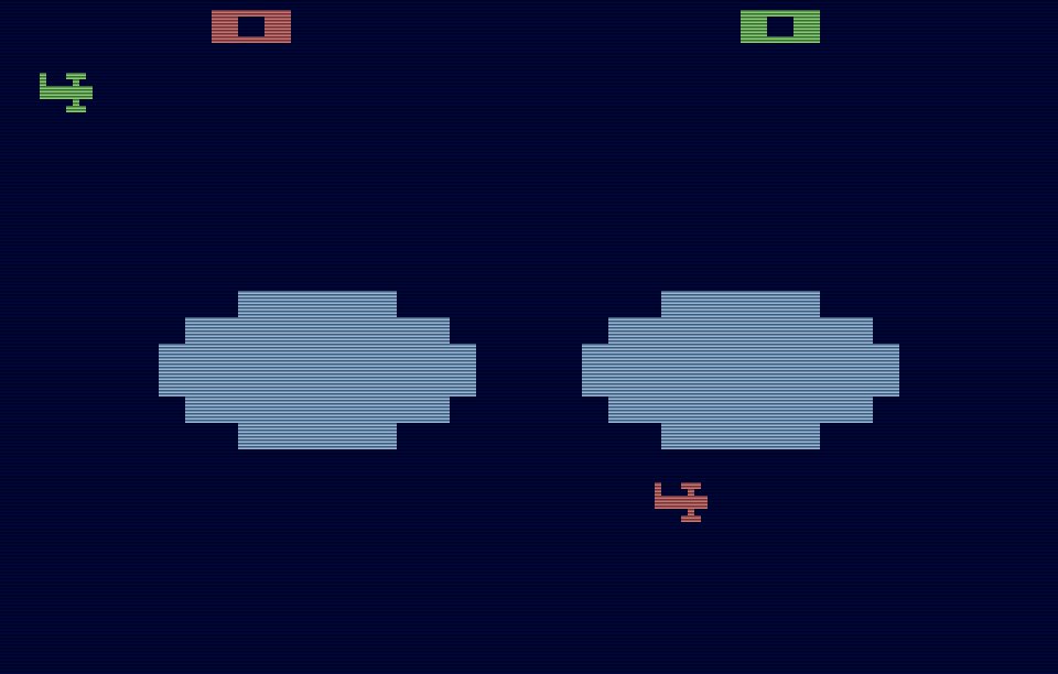 Combat für das Atari VCS von 1977 war ein perfekter Spielspass für zwei Spieler. Der Screenshot zeigt die Biplanes-Variation, bei der die beiden Kontrahenten Flugzeuge fliegen, anstatt Panzer zu fahren. (Bild: Atari)