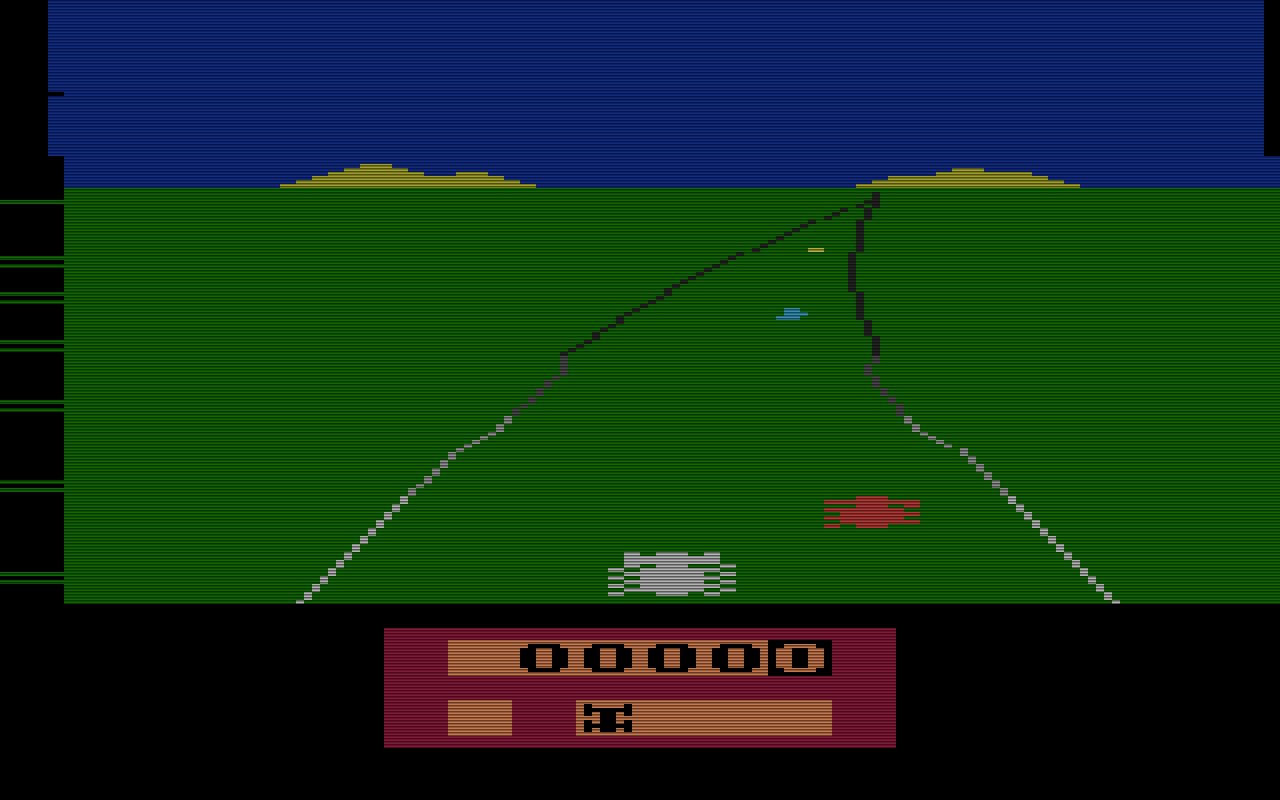 Activisions Autorennspiel Enduro von 1983 wurde von Larry Miller geschaffen. Beim Fahren in der Nacht, konnte der Spieler nur die Rücklichter der zu überholenden Autos sehen. (Bild: Activision)