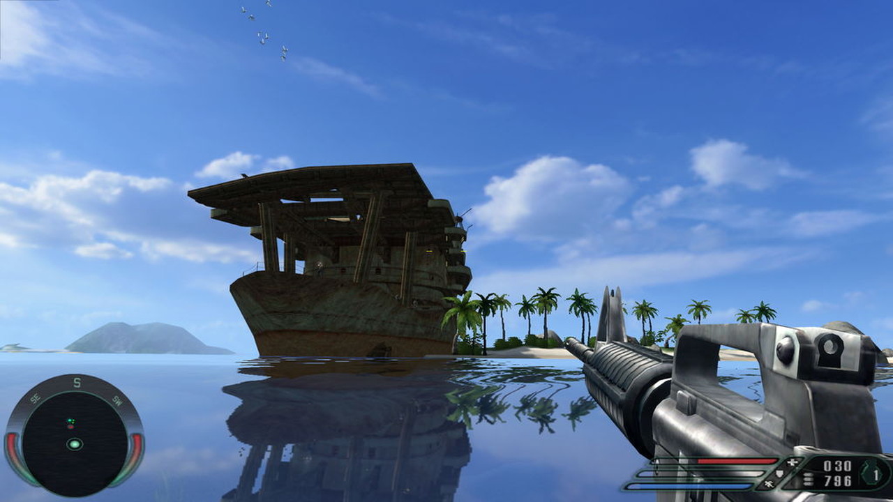 Far Cry 1. An das Schiffswrack und die tollen Wasserspiegelungen kann ich mich noch gut erinnern. Das Wrack sieht sehr geheimnisvoll aus und ich wollte natürlich drinnen nach dem „Rechten“ sehen, was ich auch tat. In Far Cry gab es noch so manch andere Reliquie aus dem 2. Weltkrieg zu entdecken. Und überhaupt konnte man in Far Cry eigentlich überall hin. (Bild: Ubisoft)