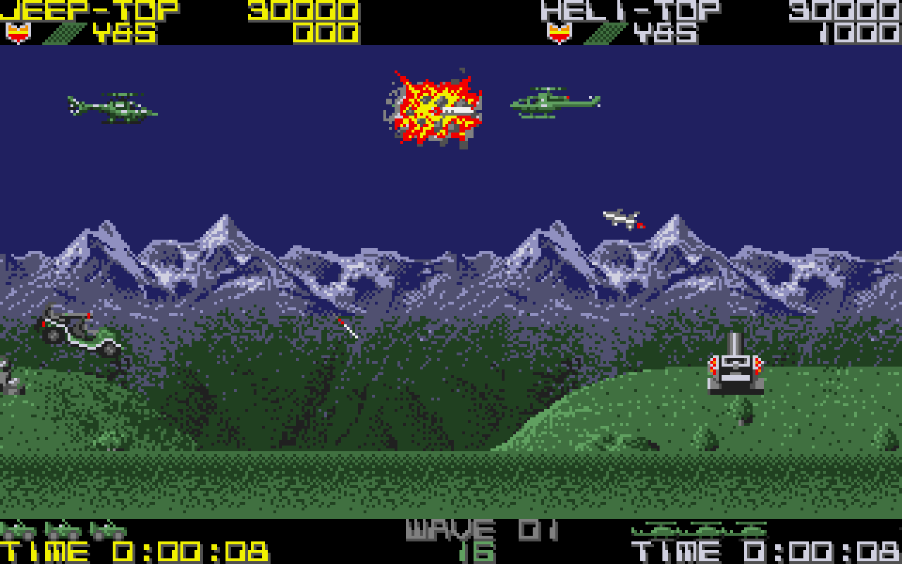 Im Bild gut sichtbar: Auf dem Amiga wurde zu zweit gespielt. Einer hat den Heli gesteuert, der andere den Buggy. (Bild: Tecmo, Sammy)“