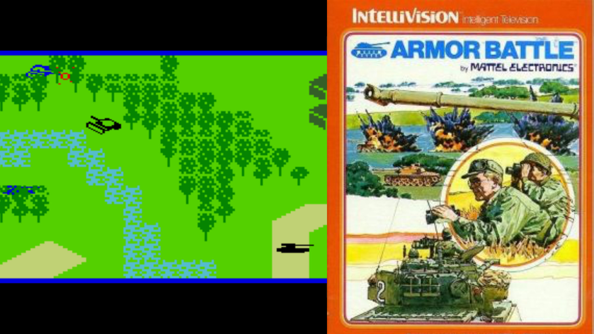 Die 1979 von Mattel Electronics für Intellivision veröffentlichte Armor Battle erzählt grafisch klar dargestellte Panzerschlachten, dem Spieler selbst wird von der Packung die bevorzugte Spielpose und -kleidung vorgegeben (Fernglas not included). (Bild: Andreas Wanda)