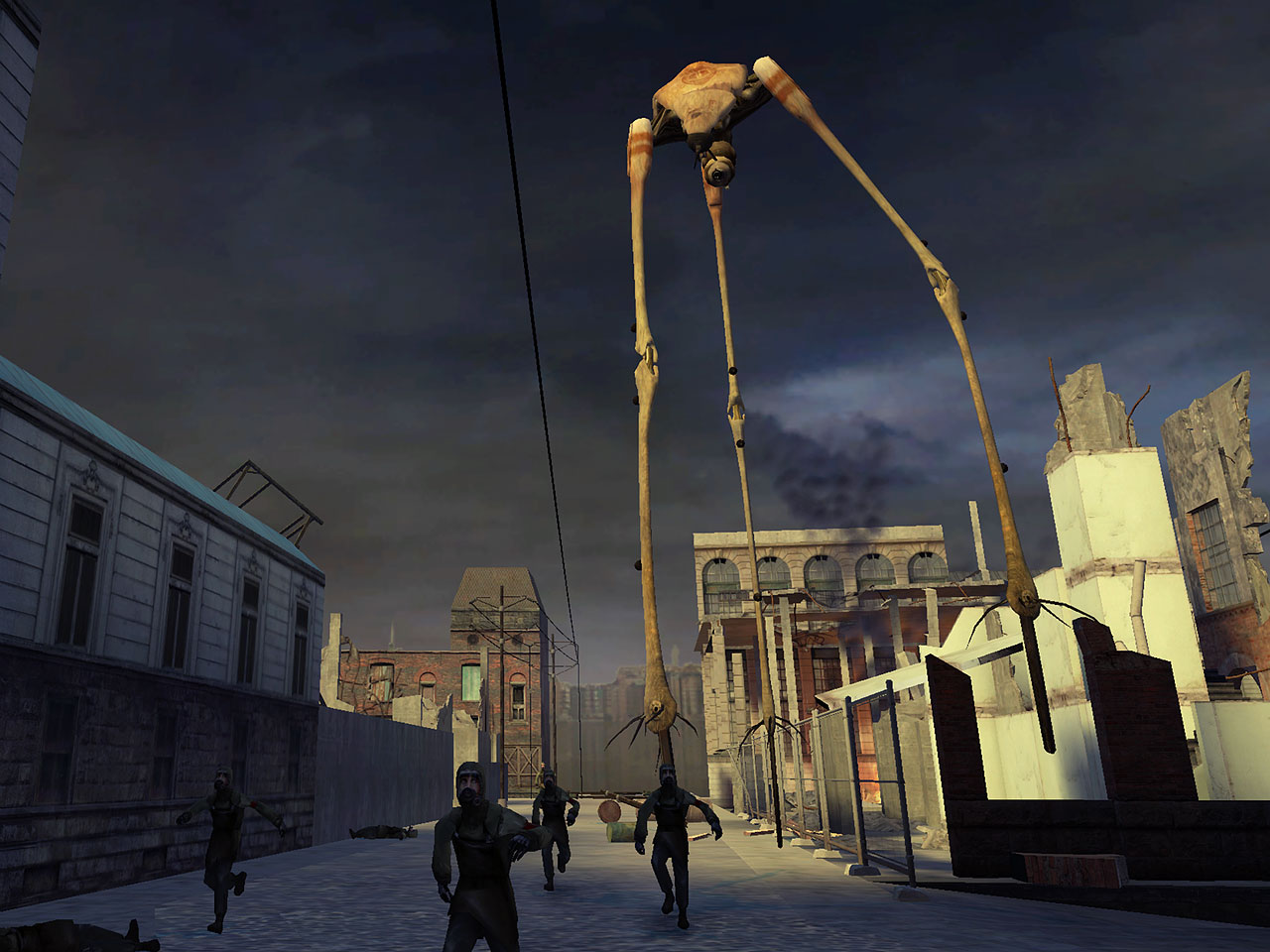Aus einer frühen Half-Life 2-Demo: Rebellen flüchten vor einem Strider. (Bild: Valve)