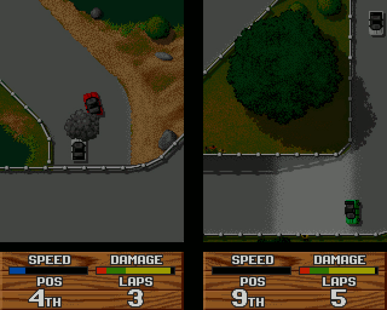 Der vertikal (statt wie sonst üblich horizontal) geteilte Bildschirm im Split-Screen-Modus von Super Cars II ist eine Ausnahmeerscheinung, die aber hervorragend funktionierte. (Bild: Stephan Ricken)