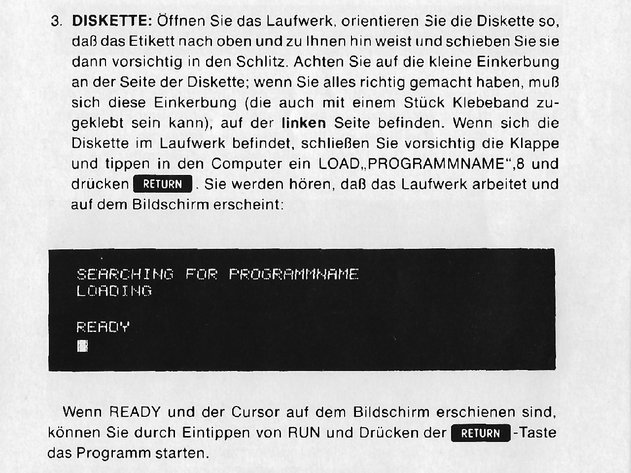 Die ominöse Seite der C64 Anleitung, welche meinen Vater fast in den Wahnsinn trieb. (Quelle: Commodore 64 Microcomputer Handbuch)