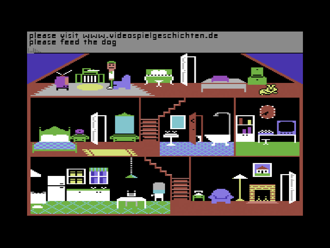 „Little Computer People“ von Activision war eine Art Sims für den Commodore64 mit Texteingaben– aber immer schön bitte sagen! (Screenshot: Little Computer People)
