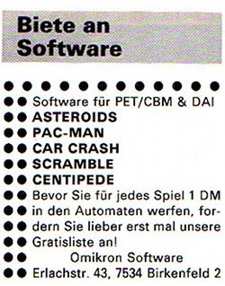 Dies dürften die ersten öffentlichen Spuren von Henrik Wening sein. Eine Anzeige von Omikron Software in der CHIP aus dem November 1982. (Bild: CHIP)