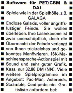 Eine zweite Anzeige aus dem Dezember 1982 (ebenfalls in der CHIP erschienen), geht mehr auf die Details von Galaga ein. (Bild: CHIP)
