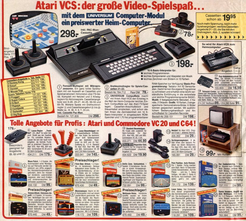Atari Produkte in einem deutschen Quelle-Katalog von 1984/1985. Das Spiel Donkey Kong kostete damals 139,00 DM. (Bild: Quelle)