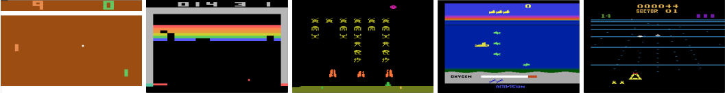 Screen shots from five Atari 2600 Games: (Left-to-right) Pong, Breakout, Space Invaders, Seaquest, Beam Rider. (Bild DeepMind)