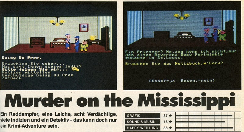 Der Test zum Spiel Murder on the Mississippi aus dem Happy Computer Spiele Sonderheft Nr. 2. (Bild: Markt & Technik)