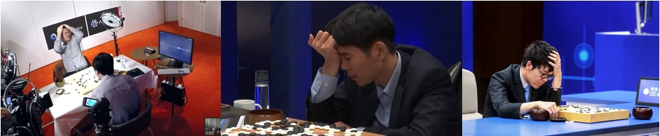 Bilder sagen mehr als Worte. Von links nach rechts: Der dreifache Europameister Fan Hui, der eh. Weltmeister Lee Sedol und der aktuelle Weltmeister und Weltranglistenerste Ke Jie; jeweils im Duell gegen AlphaGo. (Bilder: Google DeepMind)