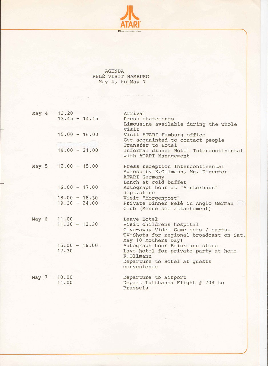 Agenda für den 4. bis 7. Mai 1981 von Klaus Ollmann für Pelés Besuch in Hamburg. (Bild: Klaus Ollmann)