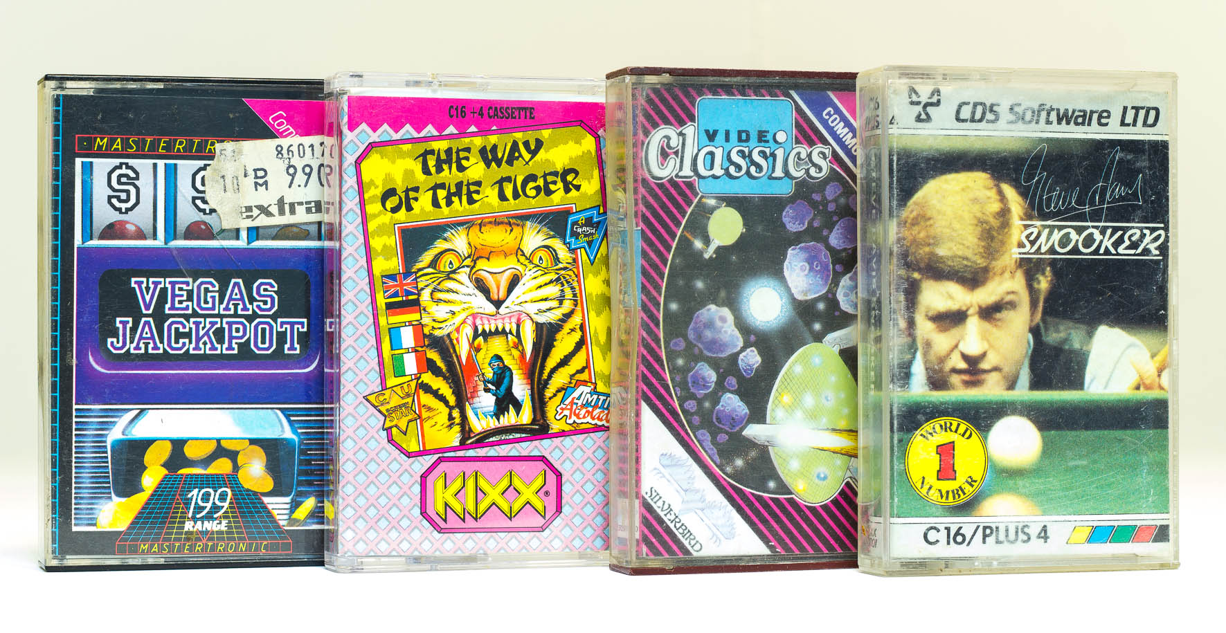 C16 Spielkassetten: Vegas Jackpot, The Way Of The Tiger, Video Classics und Snooker. (Bild: Claudio Lione)