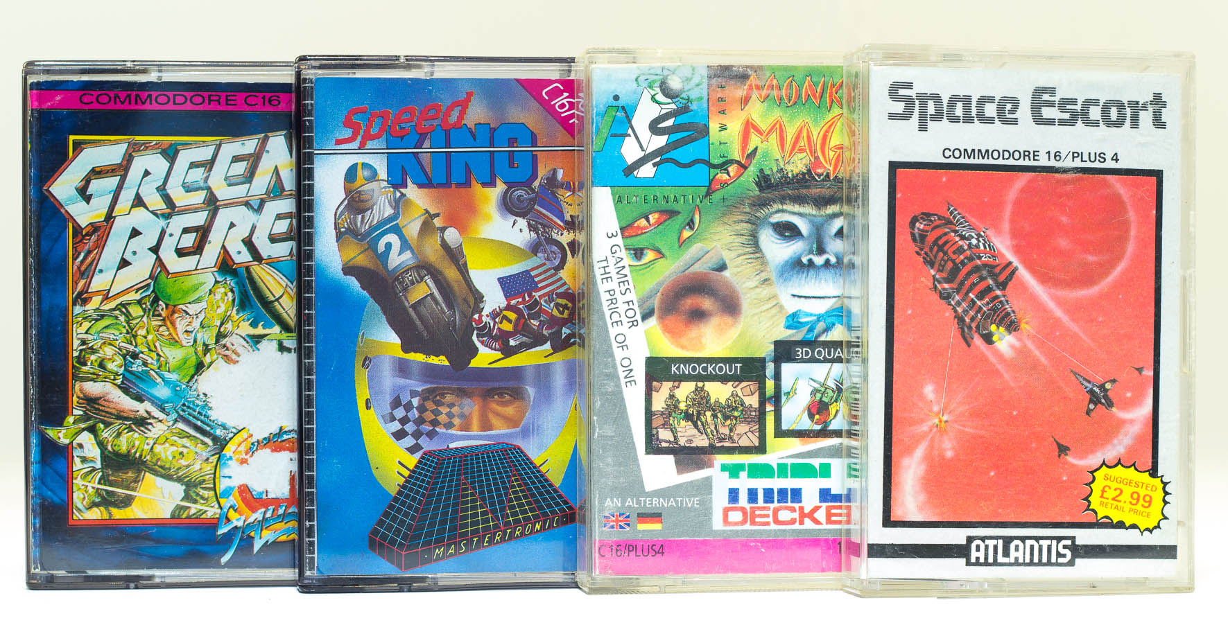 C16 Spielkassetten: Green Beret, Speed King, Monkey Magic/Knockout/3D Quasars und Space Escort. (Bild: Claudio Lione)