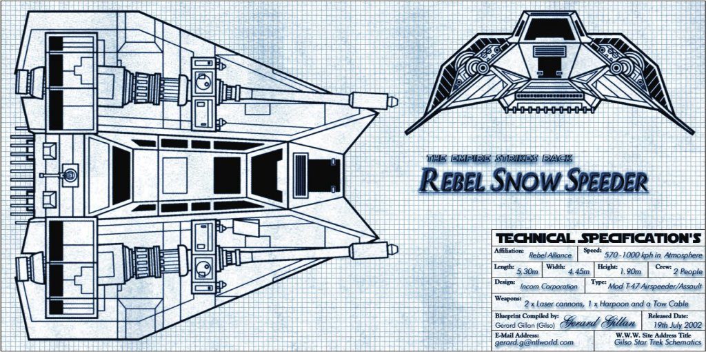 Konstruktionszeichnung mit Fakten des Rebel Snowspeeders. (Bild: LucasArts)