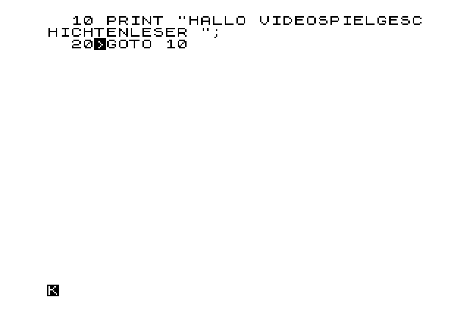 So sieht ein einfaches BASIC-Programm auf dem ZX81 aus. Man beachte das inverse „K“ unten links – das ist der Cursor. (Bild: Jens Sommerfeld)