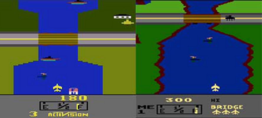 Auf der rechten Abbildung deutlich zu erkennen: die grafisch erweiterte Uferböschung von River Raid in der Heimcomputerversion. (Bild: Activision)
