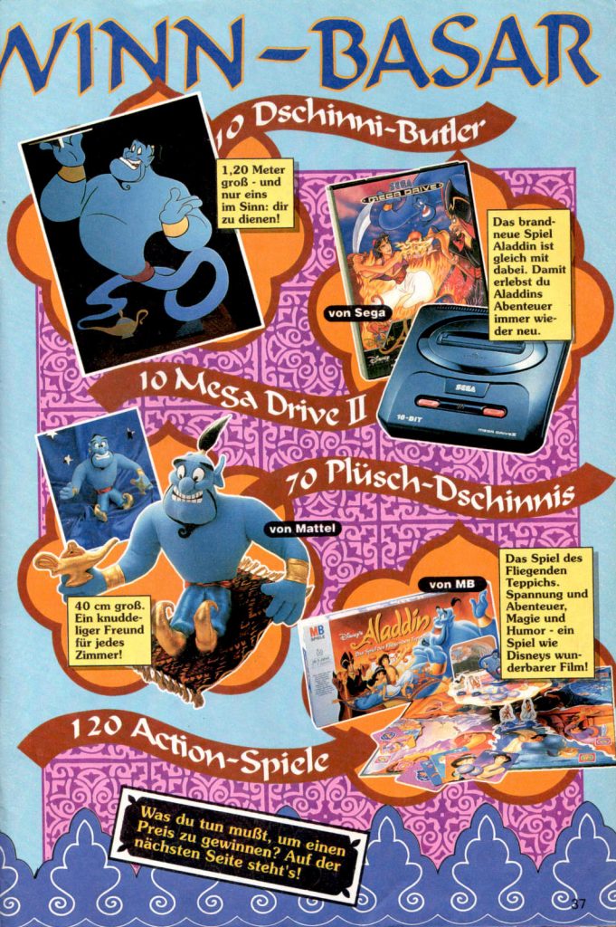 Werbeanzeige für Disney's Aladdin ink. der Erwähnung des SEGA Mega Drive Spiels. Micky Maus Magazin Extraheft von 1993. (Bildrechte: Egmont Ehapa Media GmbH)
