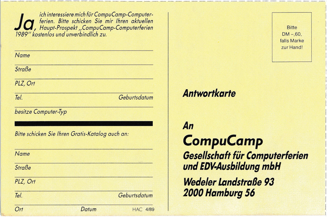 Antwortkarte für die Zusendung des Prospekts „CompuCamp-Computerferien 1989“ (Bild: WEKA)