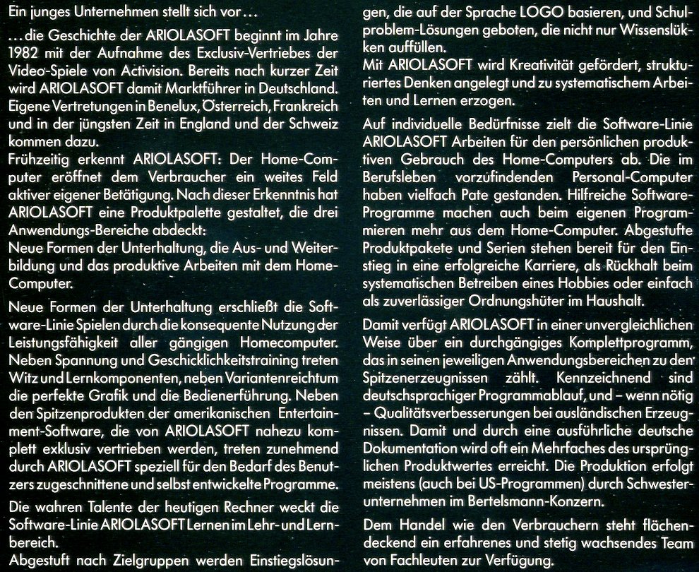 Die Ariolasoft stellt sich vor. Die Geschichte des jungen Unternehmens beginnt 1982. (Bild: Markt & Technik Verlag)