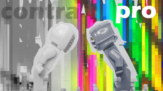 Zwei Lego-Kampffiguren, die sich voreinander verbeugen, bereit zum Kampf gegeneinander. Darüber der jeweils der Schriftzug Pro und Contra