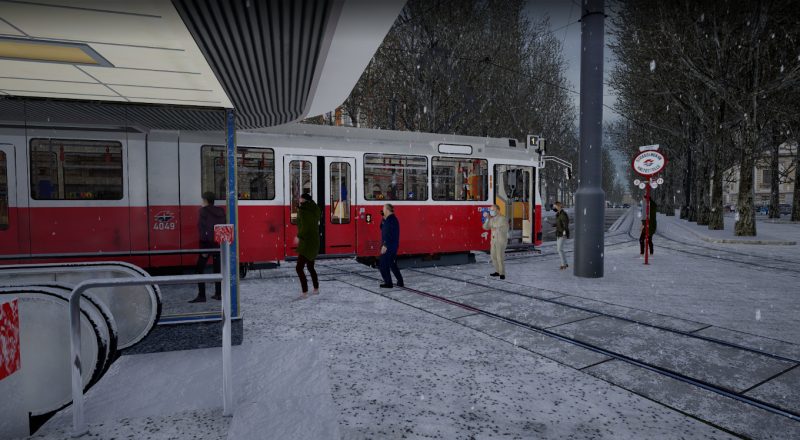 Straßenbahn und Haltestelle in TramSim Vienna