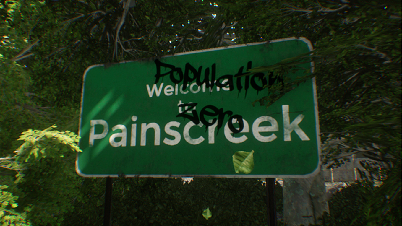 Screenshot aus dem Videospiel "The Painscreek Killings", Schild mit der Aufschrift "Welcome to Painscreek", darüber die Worte "Population zero" geschmiert