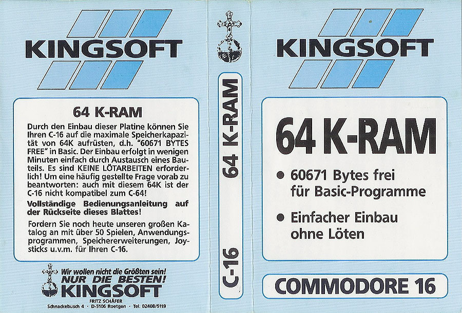 Eine von Kingsoft vertriebene Erweiterungsplatine, die den Commodore 16 auf 64 KB RAM aufrüstet. (Bild: Kingsoft)