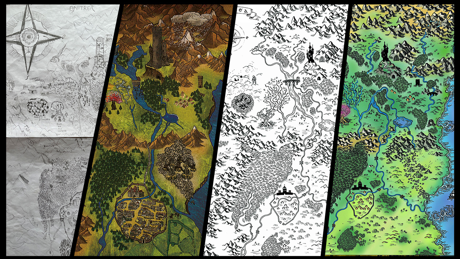 Verschiedene Versionen der Landkarte zum Videospiel (©Franz Zwerschina)