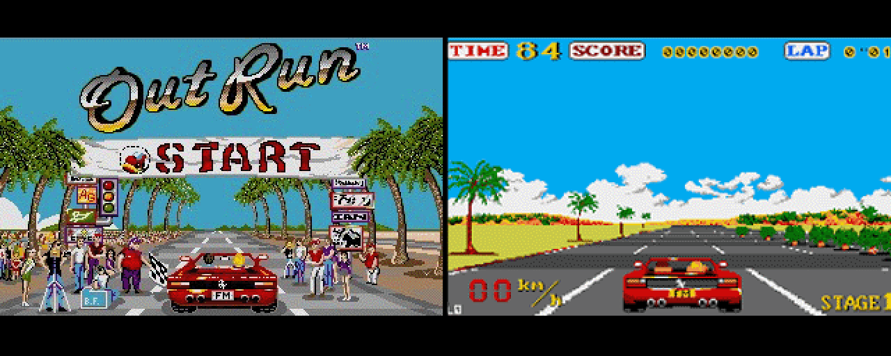Ladeschirme konnten gewöhnlich Defizite der einstigen Computerspieltechnologie ausgleichen. Im Falle von US Golds Out Run-Konvertierung auf dem Amiga stürzt die Spielgrafiken vollkommen gegenüber dem wunderschönen Ladebild ab.