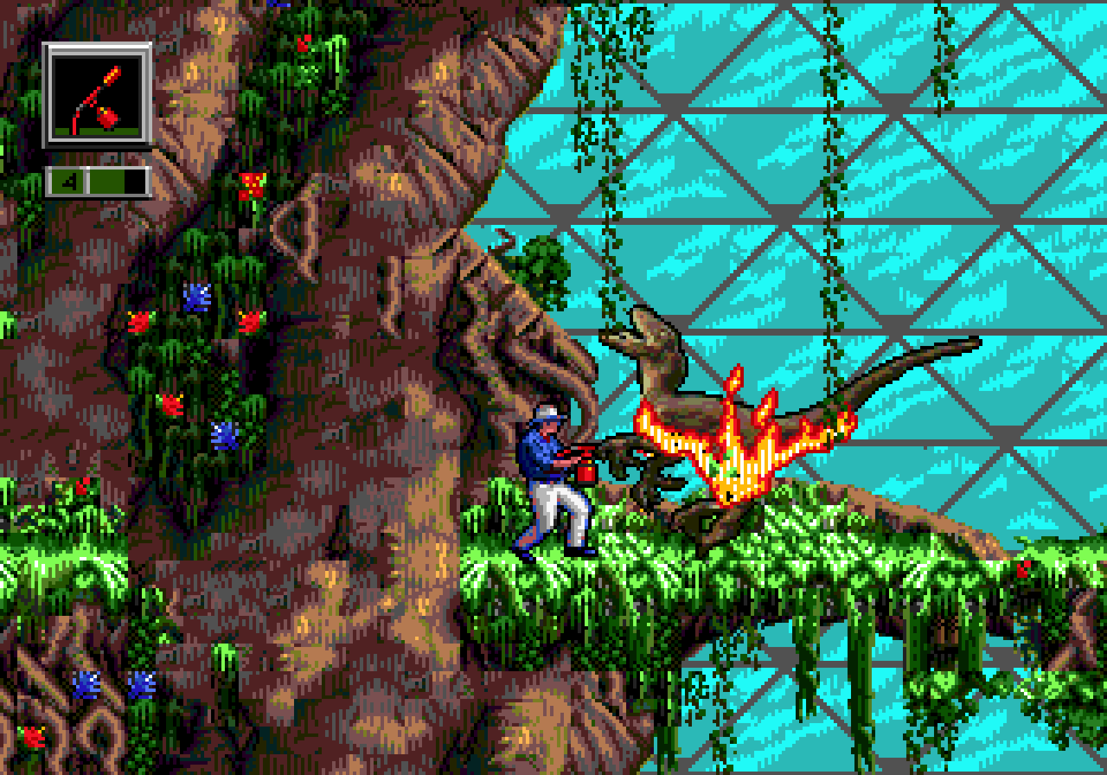 Jurassic Park: Rampage Edition (Genesis) screenshot: Immolating a dinosaur with a flamethrower. (Bild: MobyGames)