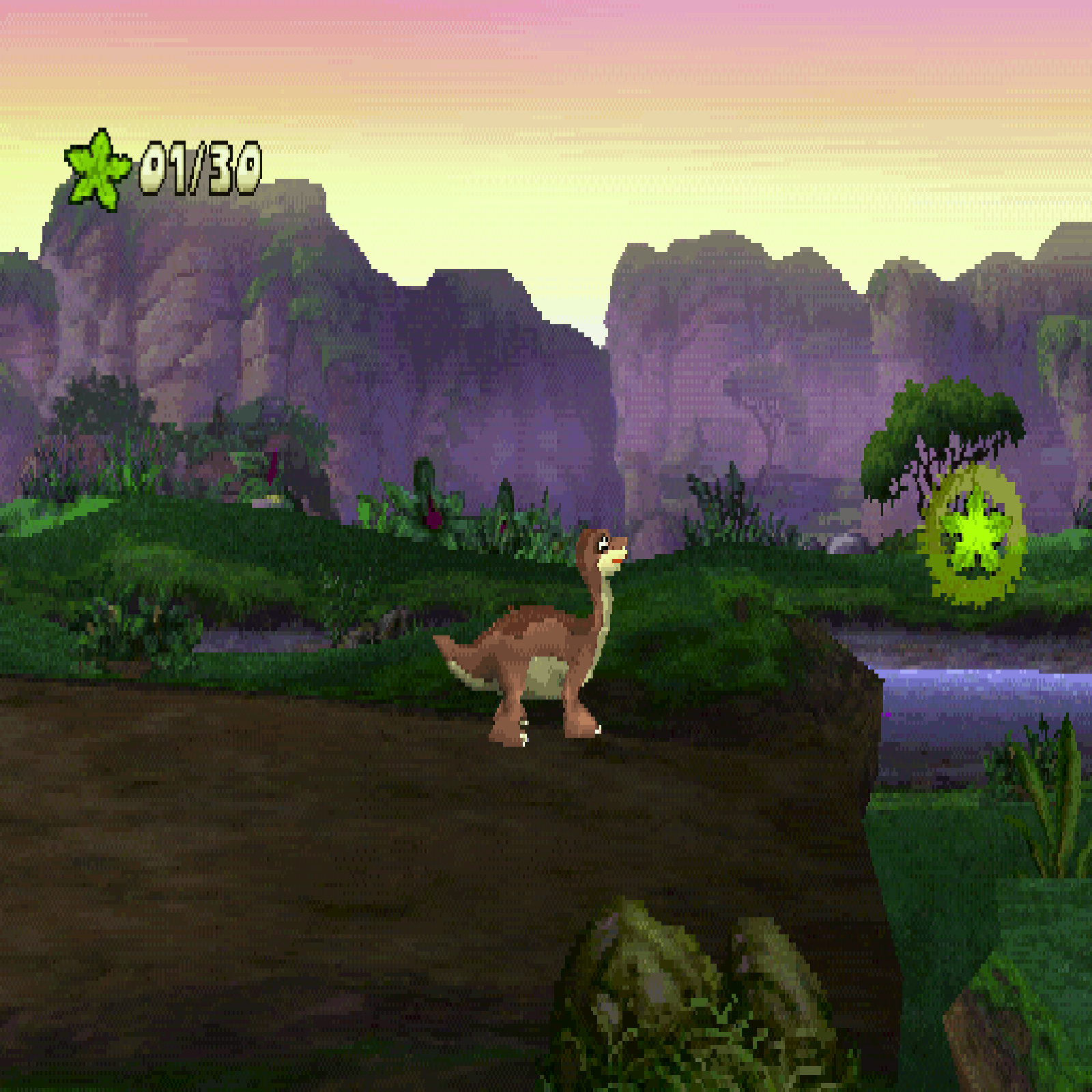 The Land Before Time: Big Water Adventure (PlayStation) screenshot: The start of the first level. There is no difficulty setting, no time limit, no set number of lives. Just run & jump and get to the end collecting those tree stars along the way. (Bild: MobyGames)