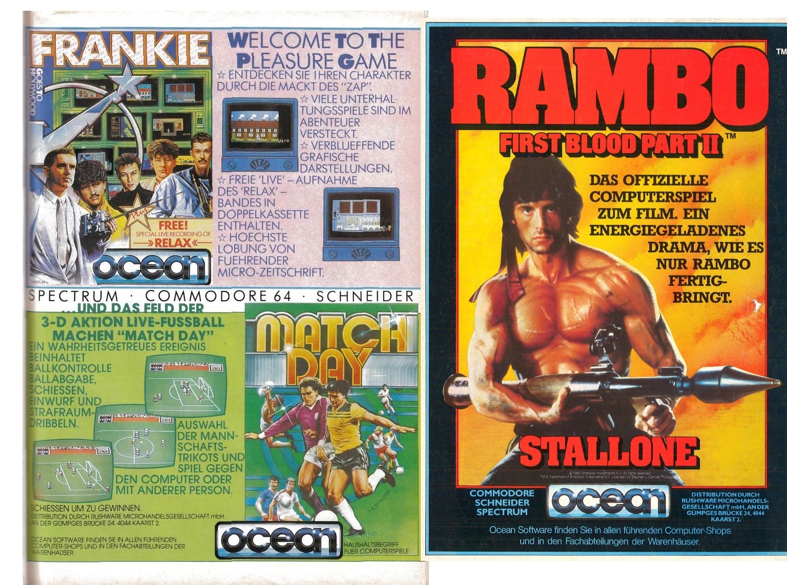 Ocean Software dominiert mit Roger Deans Airbrush-Logo von Beginn an die eigenen Spieleanzeigen, reduziert Frankie, Match Day und Rambo beinahe zu Fußnoten. Quelle: cpcrulez.fr