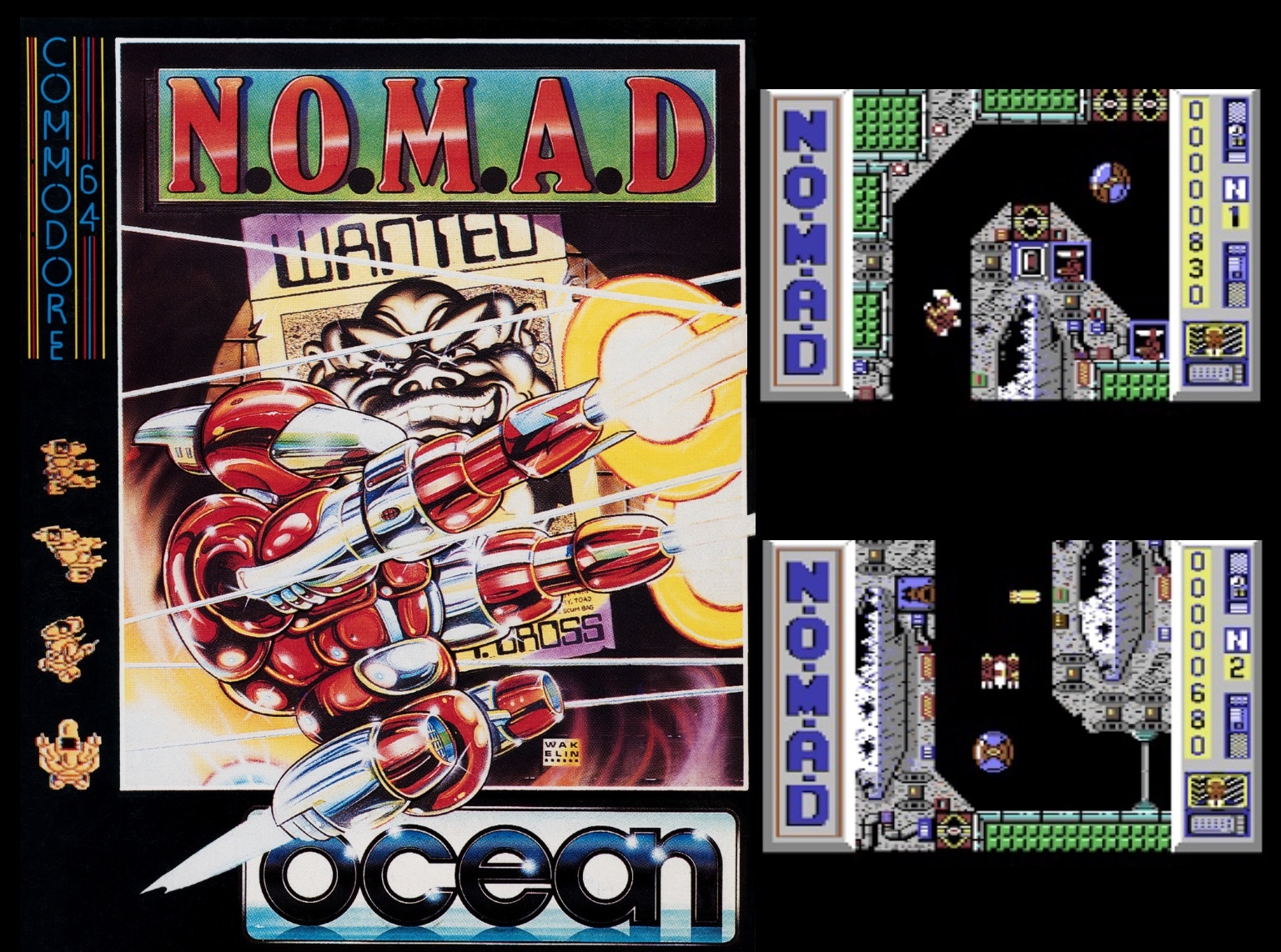 Ocean wertet das packende Action-Adventure N.O.M.A.D. mit wuchtigem Packungsdesign aus der Feder Bob Wakelins auf. Quelle: lemon64.com