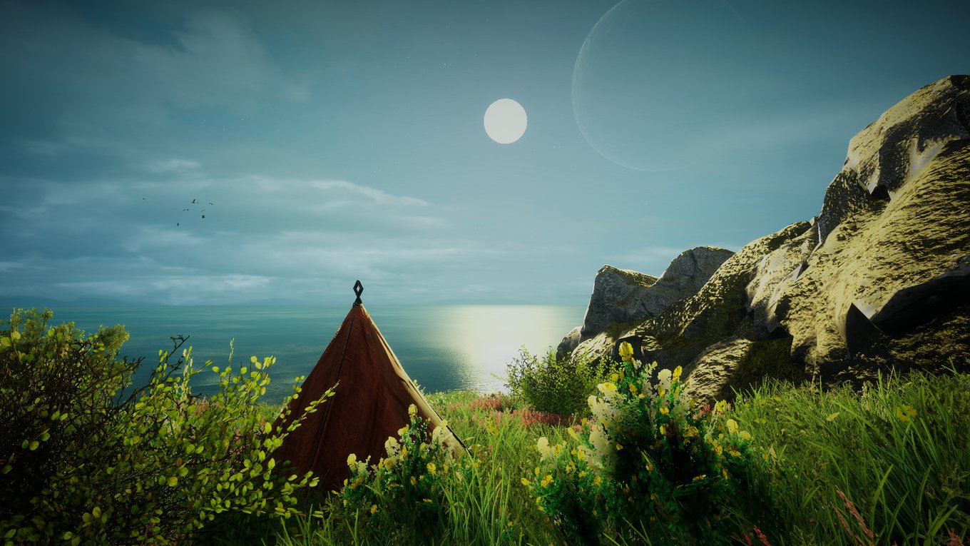 Ein Xbox Screenshot aus dem Spiel Eastshade. Ein Zelt, das man später bei sich trägt, steht zwischen grünen Büschen über einer Steilküste. Rechts im Bild erheben sich schroffe Felsen und man blickt geradewegs auf dem dunkler werdenden Himmel und die Sonne, die bald, wie jeden Mittag, hinter dem riesigen Mond dieser Welt verschwindet. 