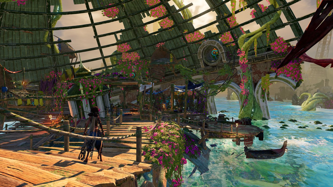 Ein Xbox Screenshot vom Spiel Submerged: Hidden Depths. Die weibliche Spielfigur Miku steht unter einer sehr baufälligen Kuppel. Die Szene ist sehr bunt, voller Blumen, grüner Ranken und klarem Wasser. Hier schwimmt auch das Boot, mit dem sie und ihr Bruder Taku rausfahren. 