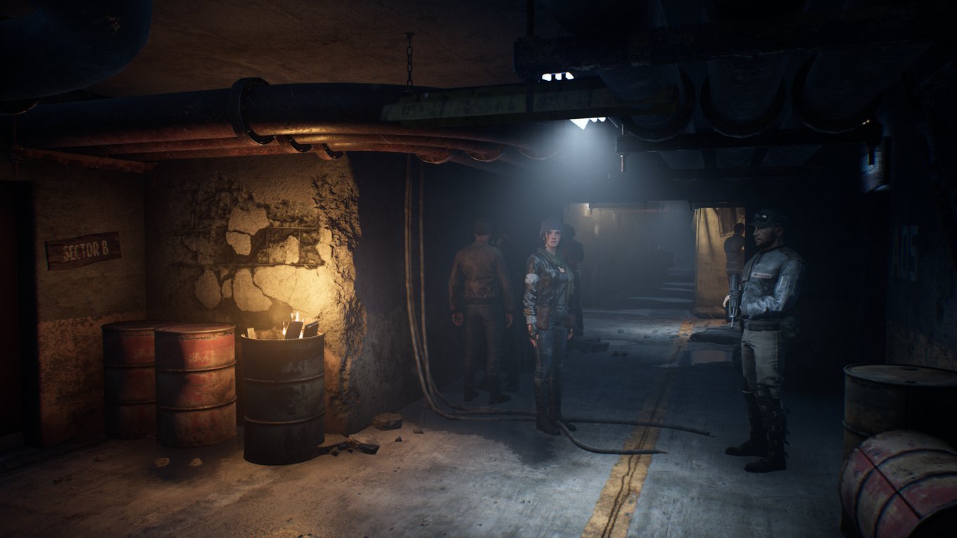 Ein Xbox Screenshot aus dem Spiel Terminator Resistance. Es ist dunkel und schmuddelig, ein paar menschliche Soldaten stehen umher. Eine davon ist die story-relevante Kämpferin Jennifer, sie steht mittig. 