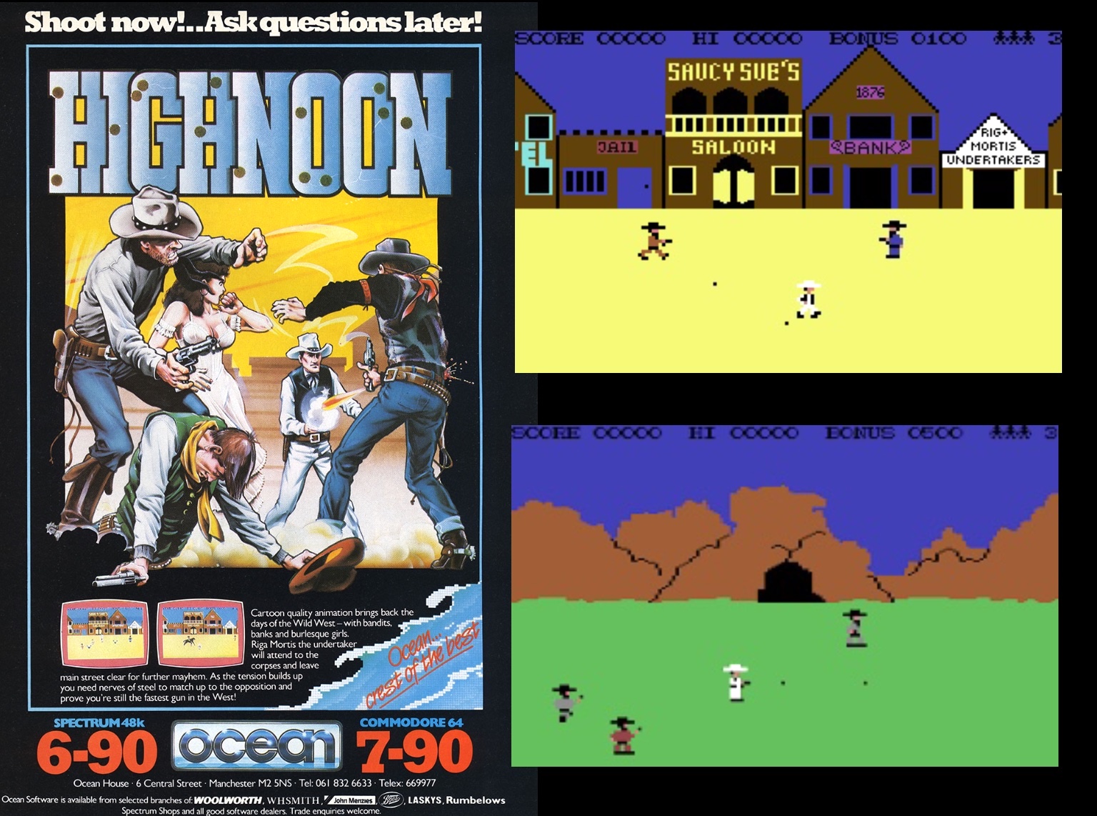 Ocean Softwares Erstlinge wie Highnoon schließen in Anmutung und Design - und auch ohne Lizenz - an Atari Games‘ erzählerischen Marktauftritt an. Quelle: lemon64.com