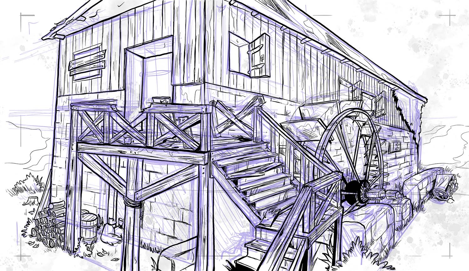 Skizze eines der Hintergründe von "A Night at the Watermill"