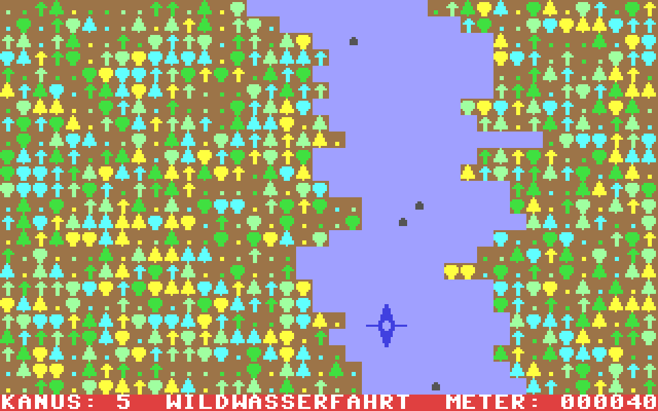 Screenshot von „Wildwasser“ wie vom Markt & Technik Verlag („Happy Software“) angeboten. Programmierer: Martin Sprave. Erschienen 1984.