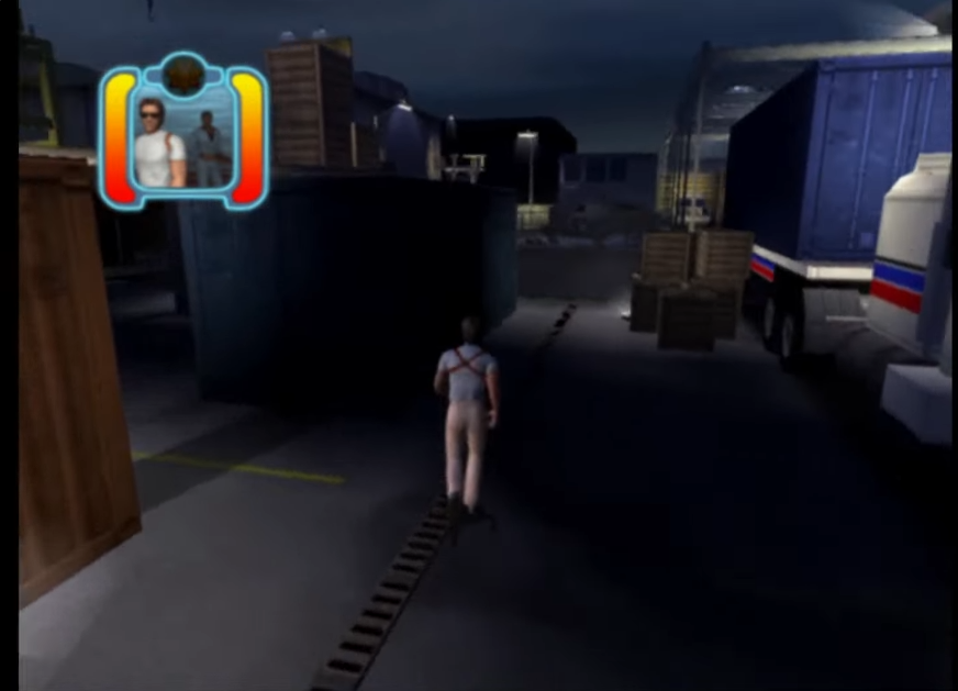 Screenshot der PS2-Fassung von Davilex - Sonny rennt durch eine Lagerhalle