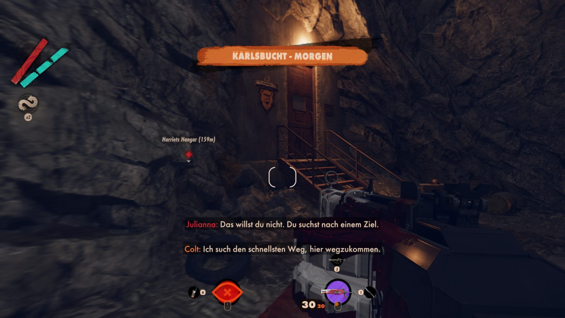 Gesprochenes in wird in eigenen Zeilen und Schriftfarben je Figur dargestell in Deathloop. 2025 Marcel Dörpinghaus.