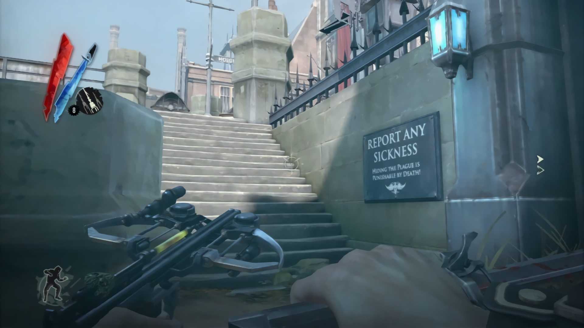 Ständig findet Corvo Hinweise auf die Seuche und wie man sich verhalten soll. Wie hier auf dem Schild an der Treppe.